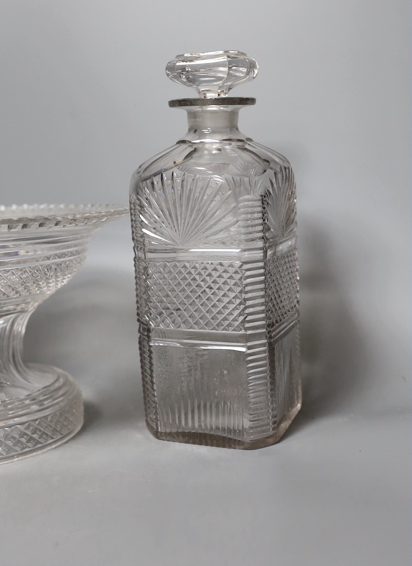 Two cut glass decanters, a regency pedestal bowl stand, 14cm high, and an etched glass sugar bowl